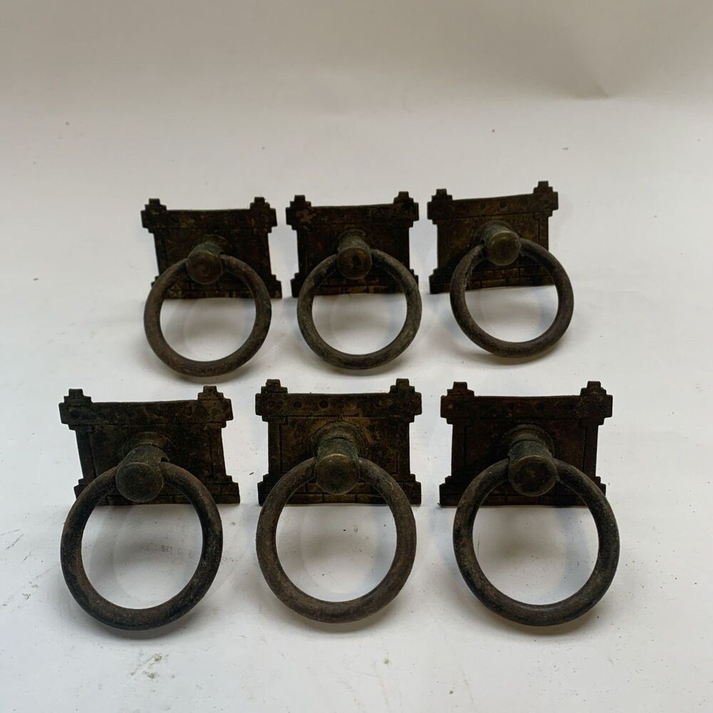 LOT OF 6 ANTIQUE EASTLAKE BRASS CABINET DRESSER DRAWER PULL RING